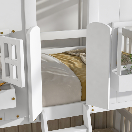 Twin over Twin House Bunk Bed with Roof , Window, Window Box, Door , with Safety Guardrails and Ladder,White、、casual