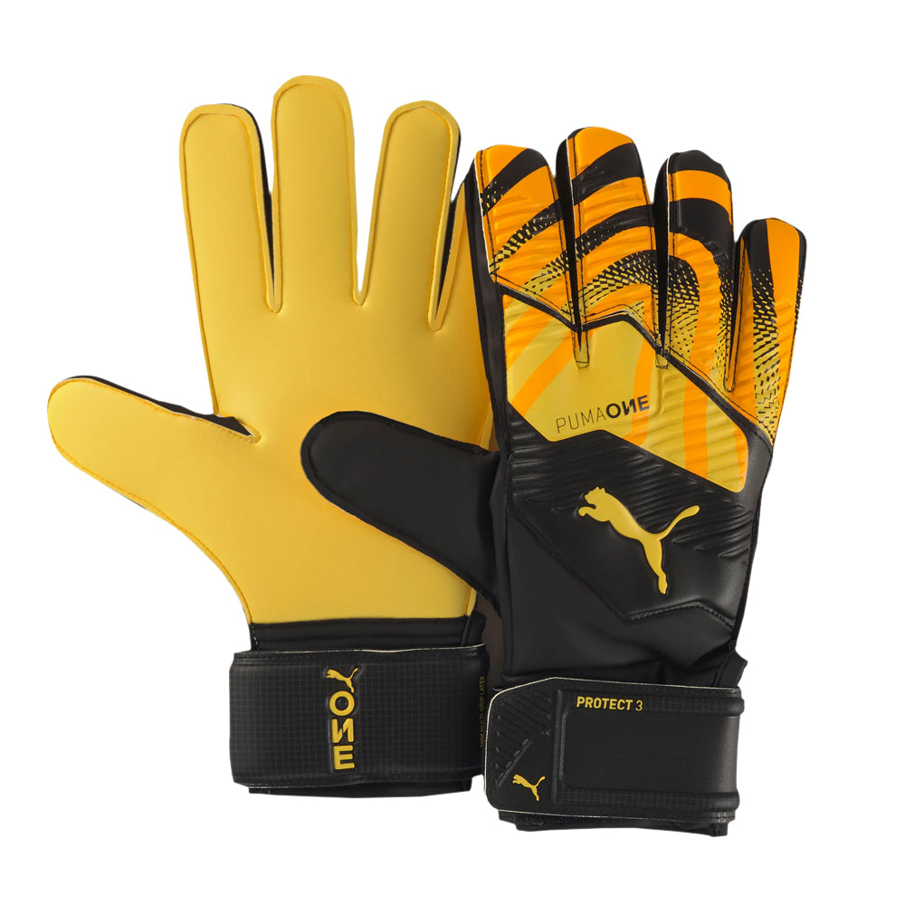 PUMA Men's ONE Protect 3 Fingersave Goalkeeper Gloves Ultra Yellow/Black、mySite、noshort
