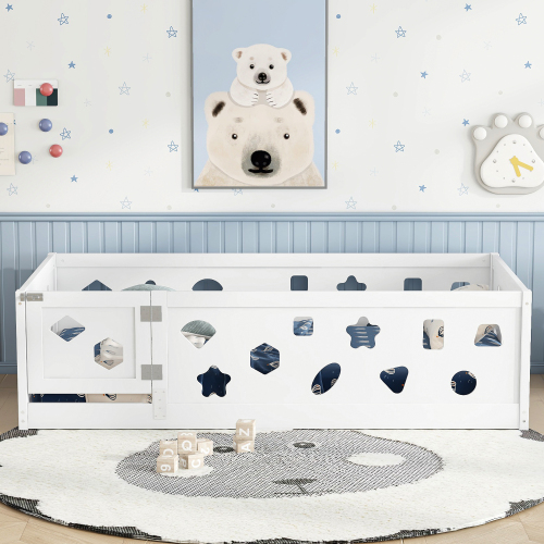 Twin Size Floor Bed with Heightened Safety Guardrails and Door, Solid Wood Bedframe with Rails for Girls, Boys, Teens, Child Bedroom, Kids Playroom, No Slats Included, White、、casual