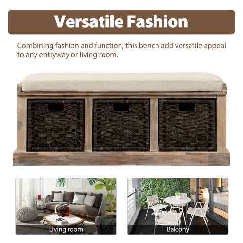 TREXM Rustic Storage Bench with 3 Removable Classic Rattan Basket , Entryway Bench with Removable Cushion (White Washed)、、casual