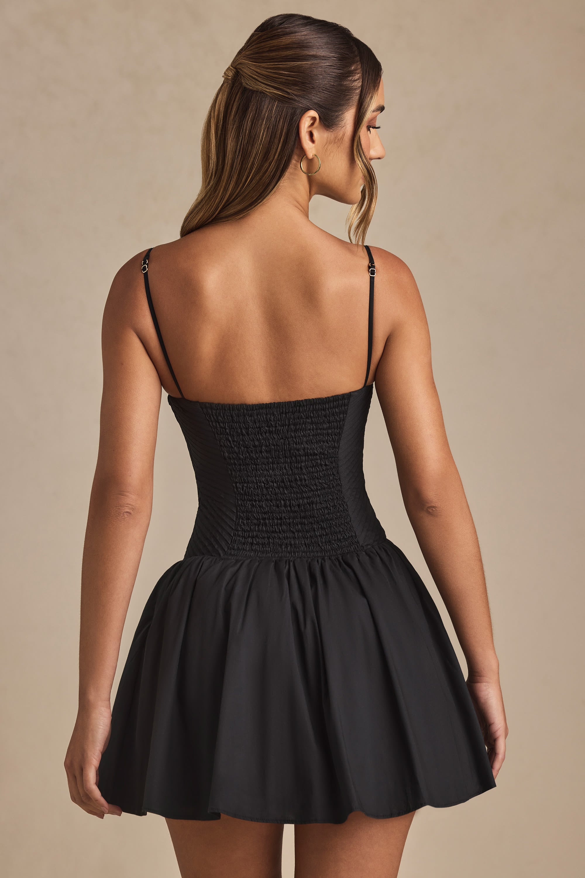 Pintucked Shirred Mini Dress in Black、mySite、solidvoid