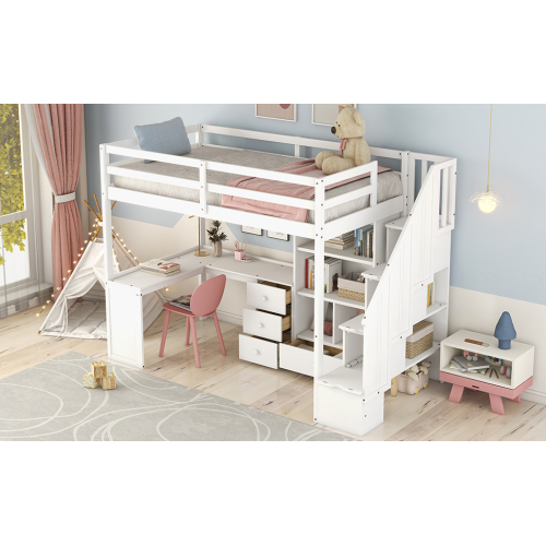 Twin Size Loft Bed with L-Shaped Desk and Drawers, Cabinet and Storage Staircase, White、、casual