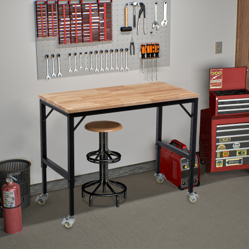 Adjustable Height Workbench, 60" Rubber Wood Top Heavy duty Workstation with Power Outlets, 2000 LBS Load Capacity Hardwood Worktable for Workshop, Garage, Office, Home, Commercial、、casual