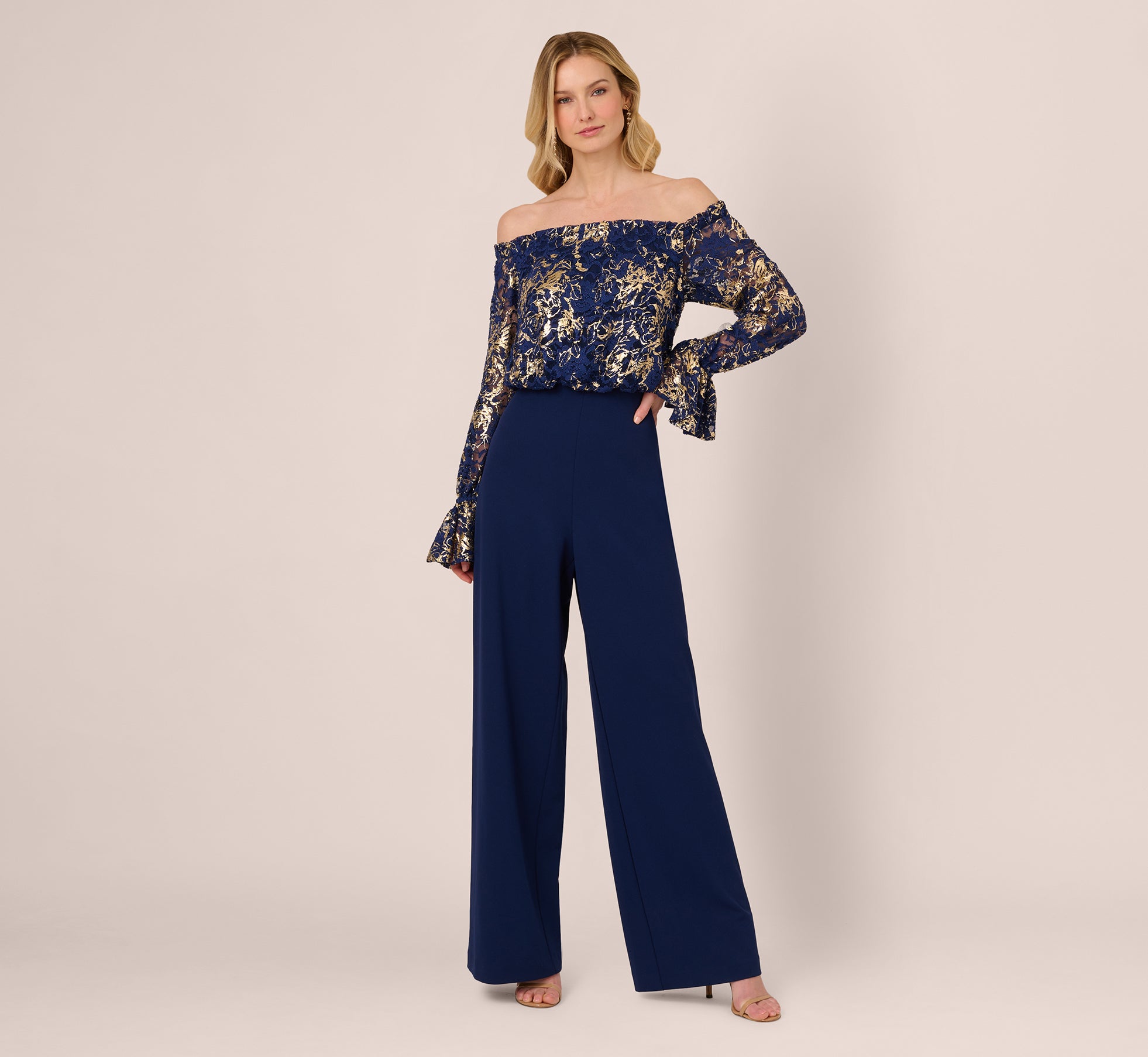 Lace And Crepe Jumpsuit In Navy Gold、mySite、solidvoid