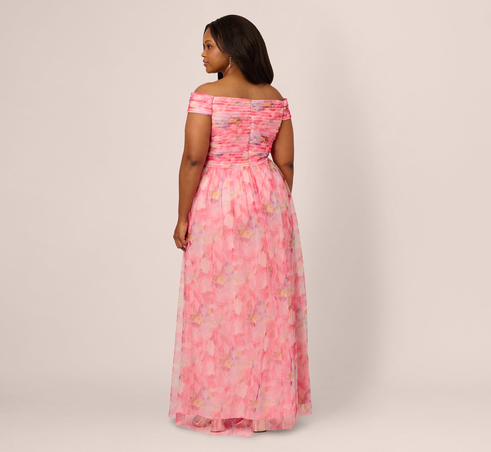 Plus Size Off Shoulder Watercolor Print Tulle Gown In Pink Multi、mySite、solidvoid