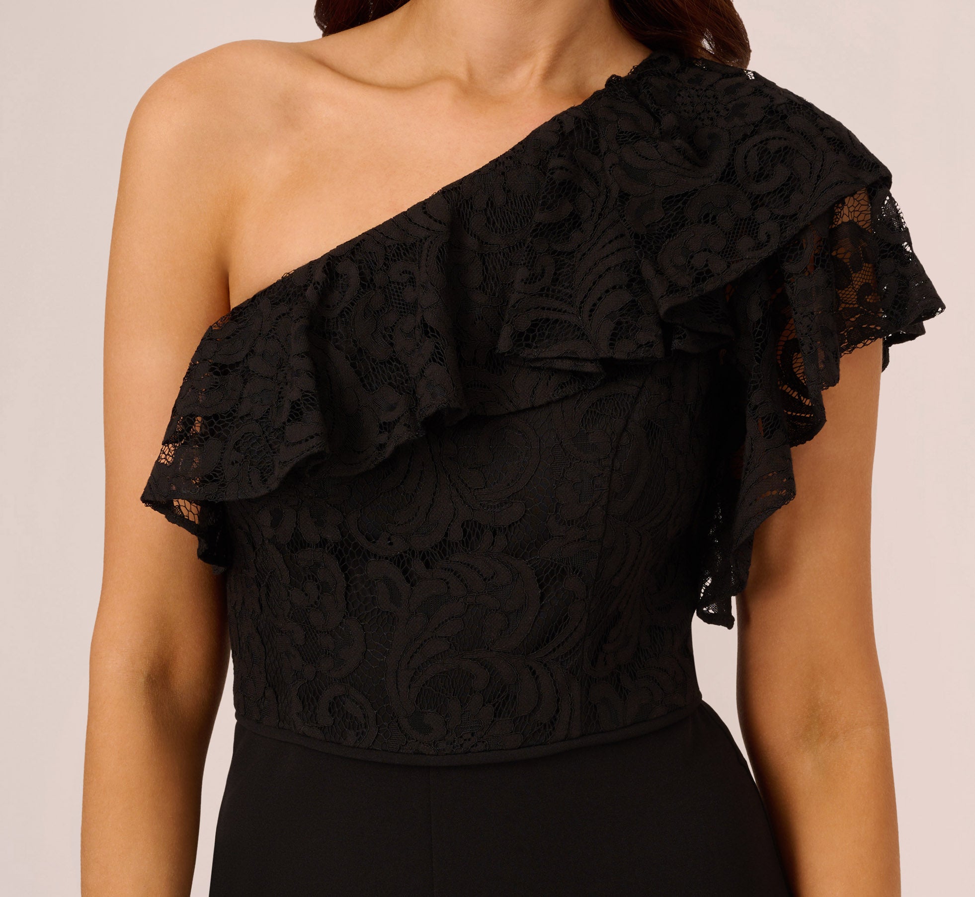 One Shoulder Crepe Jumpsuit With Lace Ruffle Details In Black、mySite、solidvoid