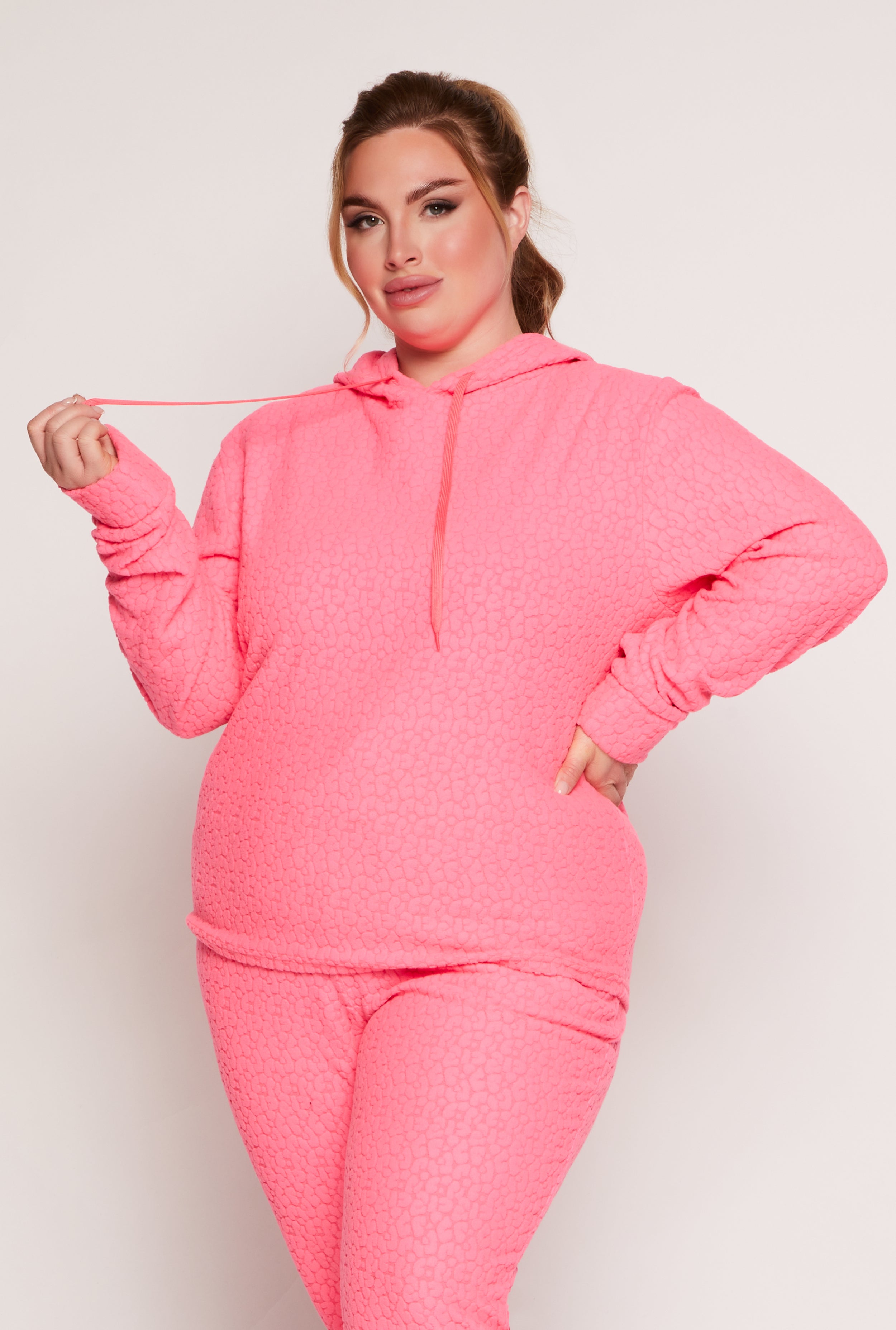 Plus Size Leopard Textured Knit Hoodie、mySite、camillekostekn