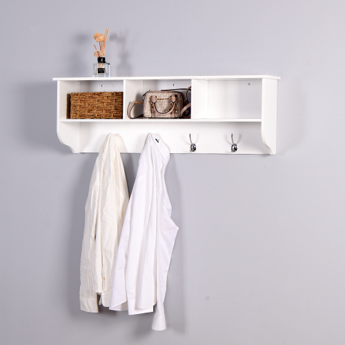 White Entryway Wall Mounted Coat Rack with 4 Dual Hooks Living Room Wooden Storage Shelf、、casual