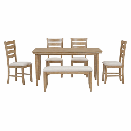 TREXM Dining Room Table and Chairs with Bench, Rustic Wood Dining Set, Set of 6 (Gray)、、casual
