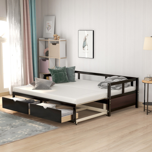 Wooden Daybed with Trundle Bed and Two Storage Drawers , Extendable Bed Daybed,Sofa Bed for Bedroom Living Room,White、、casual