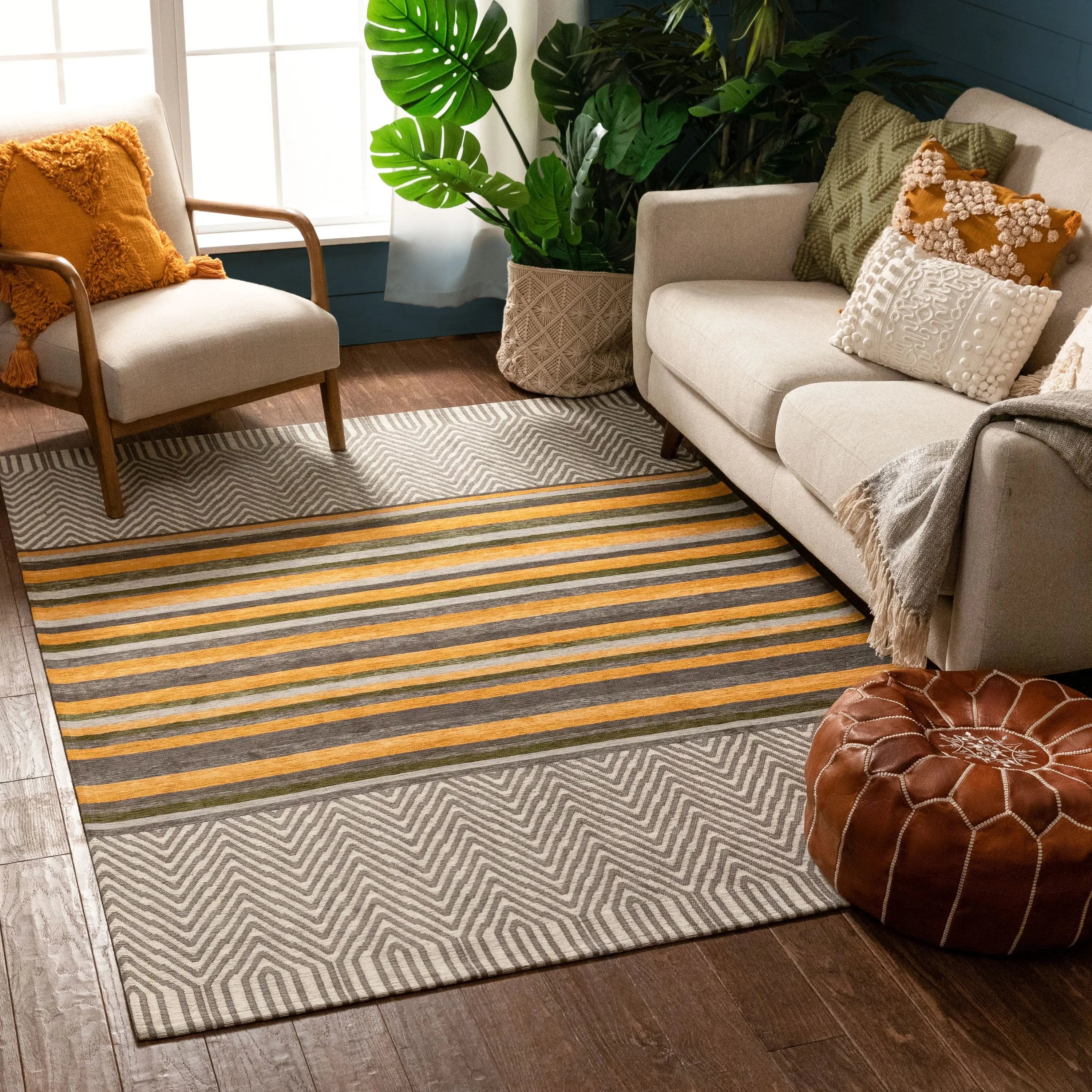 Chia Contemporary Solid & Striped Beige Gold 5'3 x 7'3 Rug、mySite、gigharbornorthrealestate