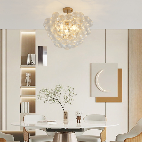 23.6-Inch Gold Pendant Light Chandelier with Threaded Clear Glass Globe Shade – Adjustable Height, Ideal for Living Room, Dining Room, Kitchen (No Bulbs)、、eastwooduniform