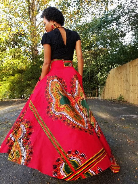 Red High Waist African Print Dashiki Skirt-DP3975HL、mySite、solidvoid