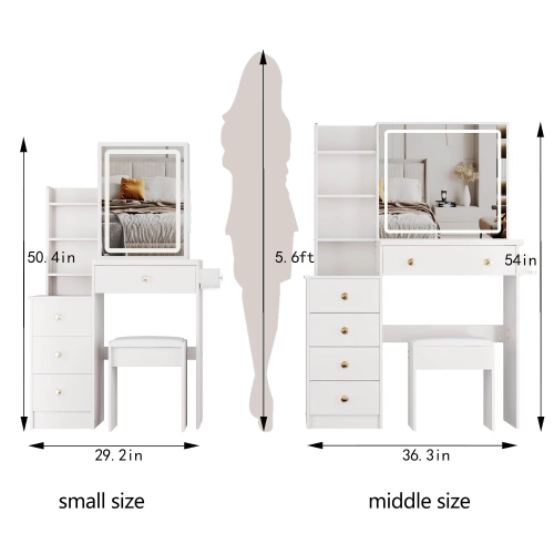 29.2" Small Size Left Bedside Cabinet Vanity Table + Cushioned Stool, Large Sliding, Touch Control, Tri-color Switching, Brightness Adjust LED Mirror, High Capacity Storage, Suitable for Small Space、、xpatfood