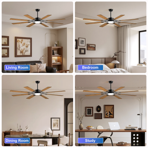 52 Inch Ceiling Fan with Lights and Remote Control, 8 Plywood Blades, 6-Speed Noiseless Reversible DC Motor, 3CCT, Windmill Ceiling fan for Kitchen Bedroom Living Room, Black、、eastwooduniform
