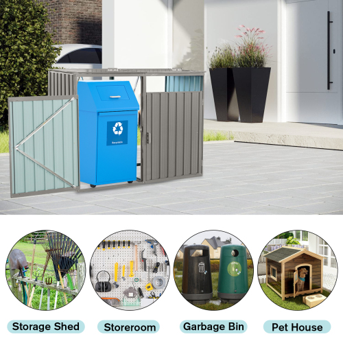Garbage Bin Shed Stores 3 Trash Cans Metal Outdoor Bin Shed for Garbage Storage,Stainless Galvanized Steel, Bin Shed for Garden Yard Lawn,Grey、、eastwooduniform