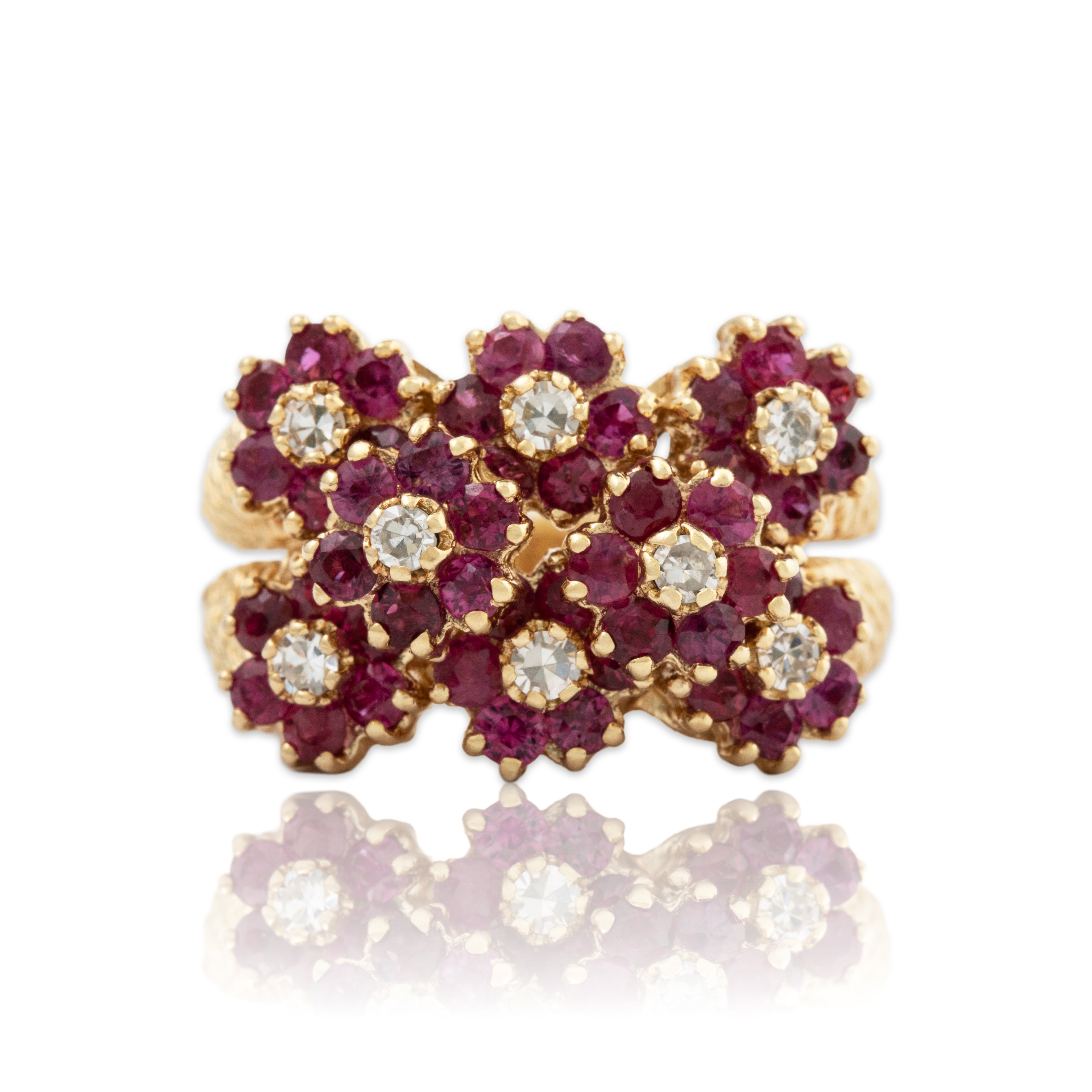 Vintage Heavy 14k Yellow Gold 2.42cttw Ruby Diamond Floral Statement Ring、mySite、hinf8tx79