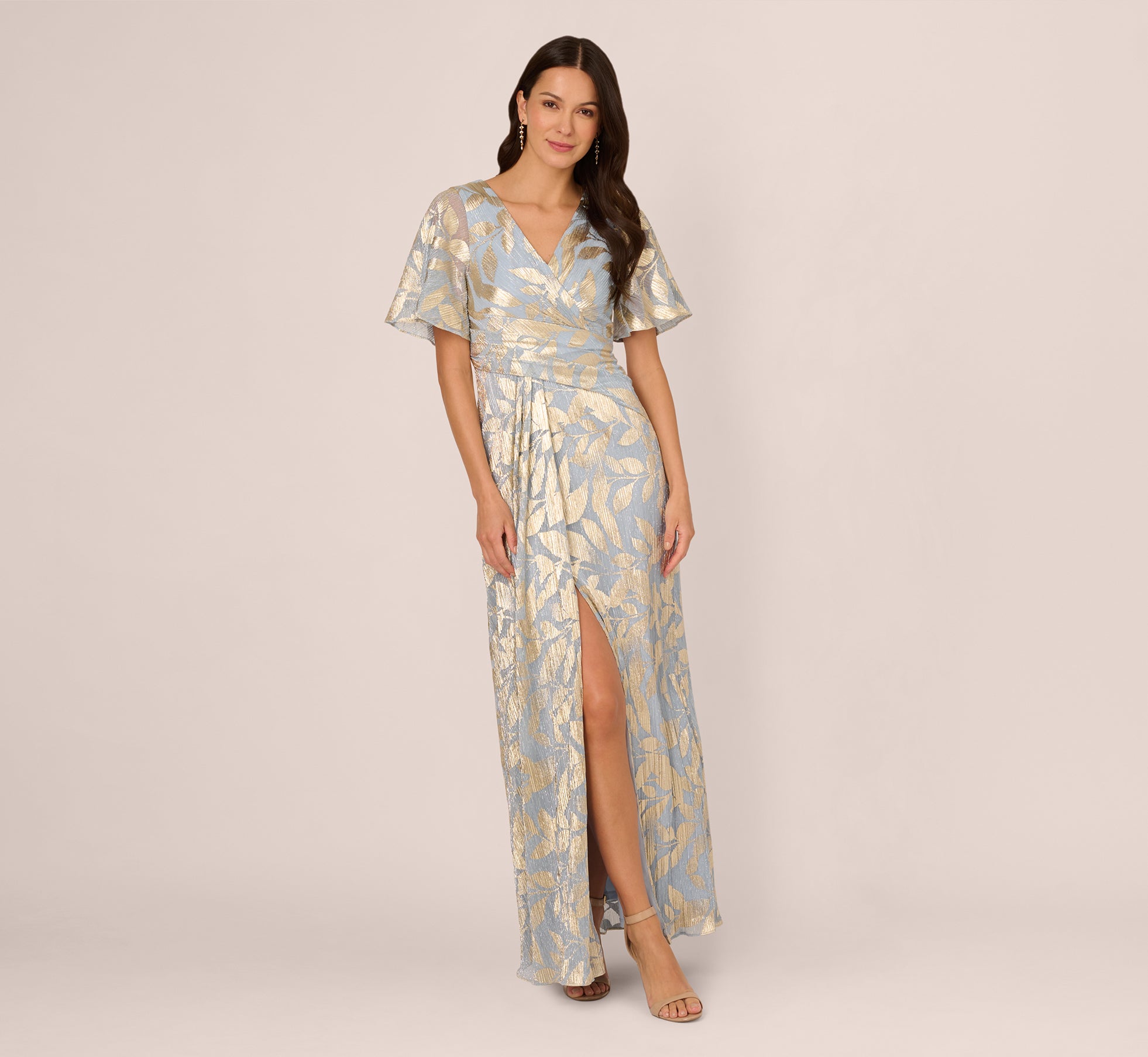 Foil Leaf Short Sleeve Gown With Draped Details In Light Blue Gold、mySite、solidvoid