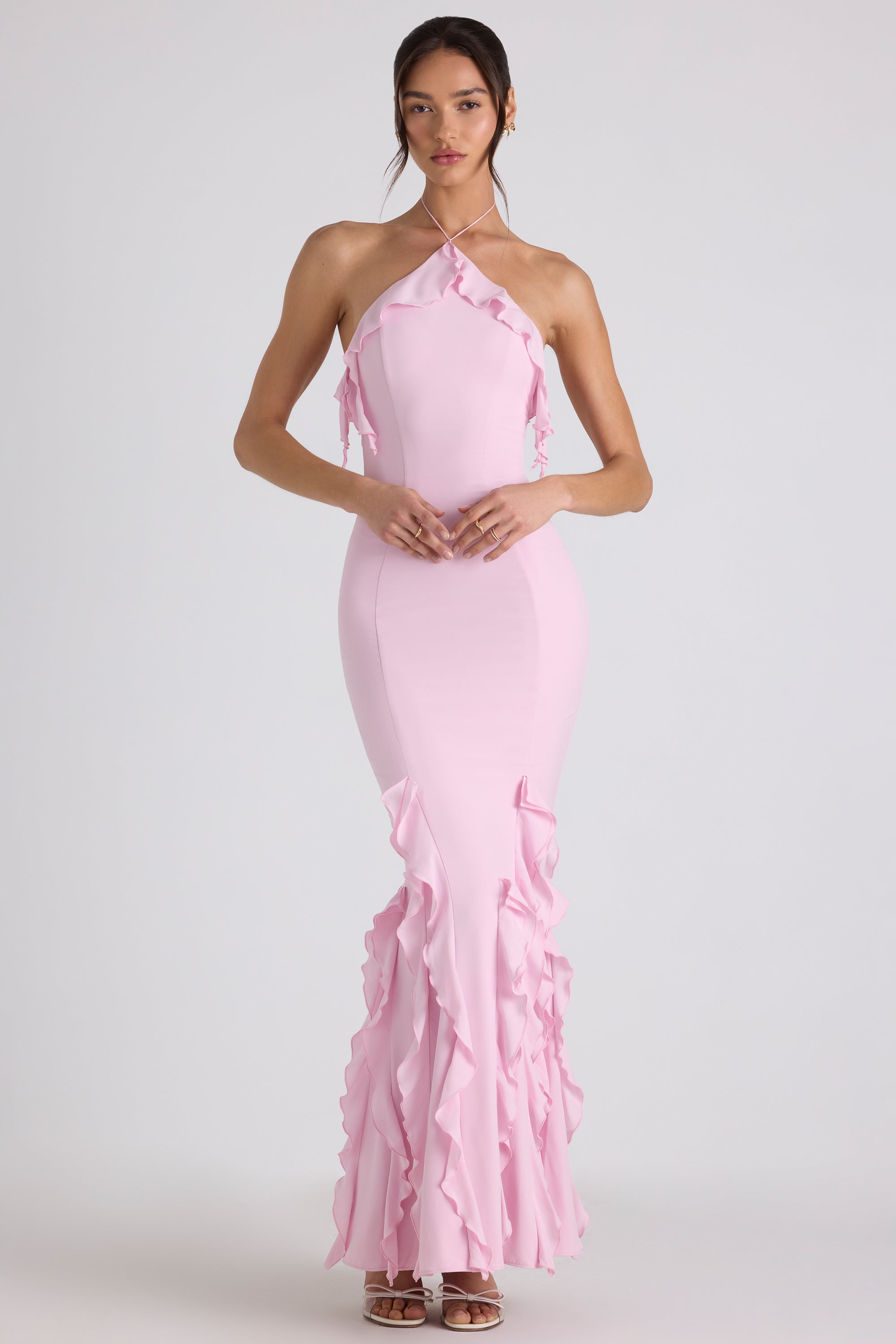 Ruffle-Trim Halterneck Gown in Soft Pink、mySite、solidvoid