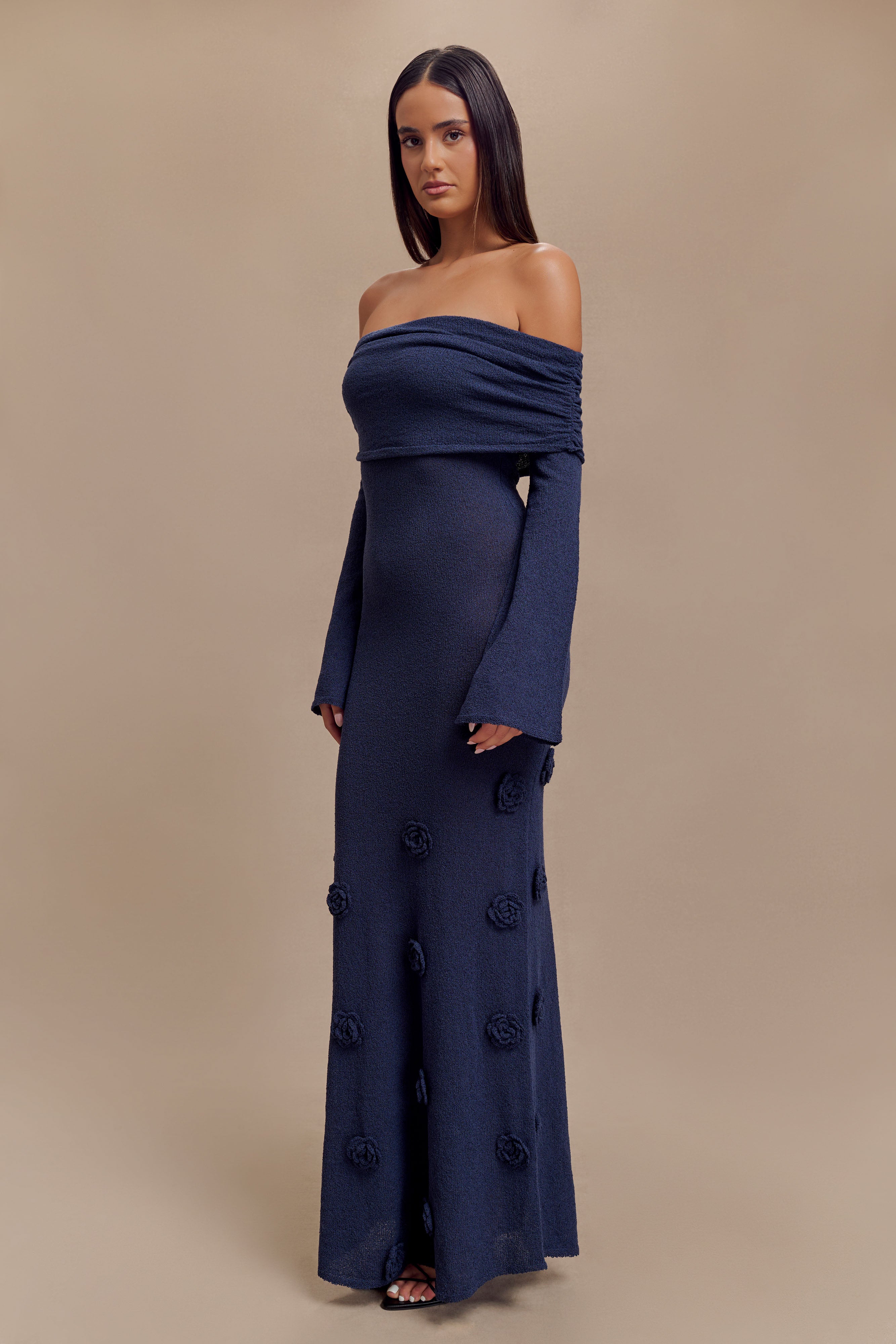 Kiki Off Shoulder Knit Rose Maxi Dress - Navy、mySite、solidvoid