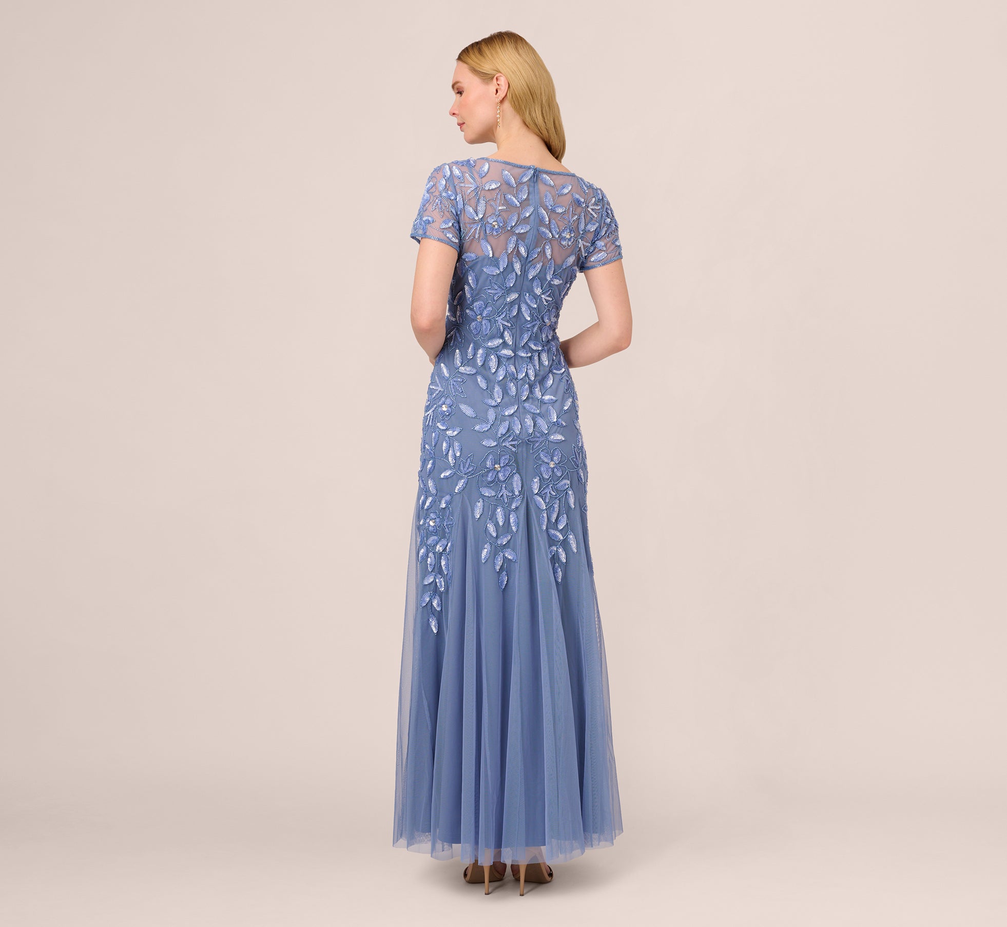 Hand Beaded Short Sleeve Floral Godet Gown In French Blue、mySite、solidvoid