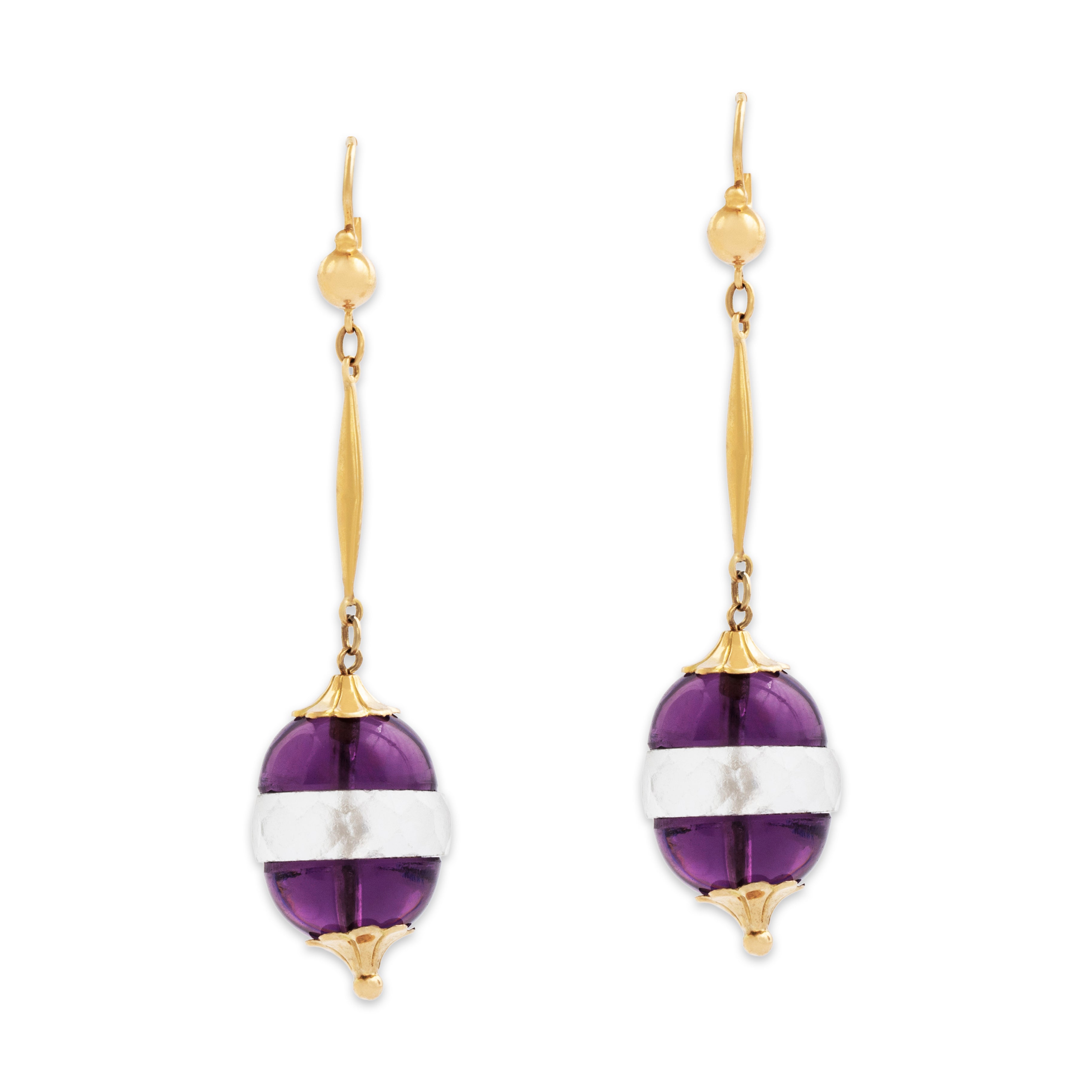 Vintage Large 18k Yellow Gold Purple & Translucent Glass Bauble Dangle Earrings、mySite、hinf8tx79
