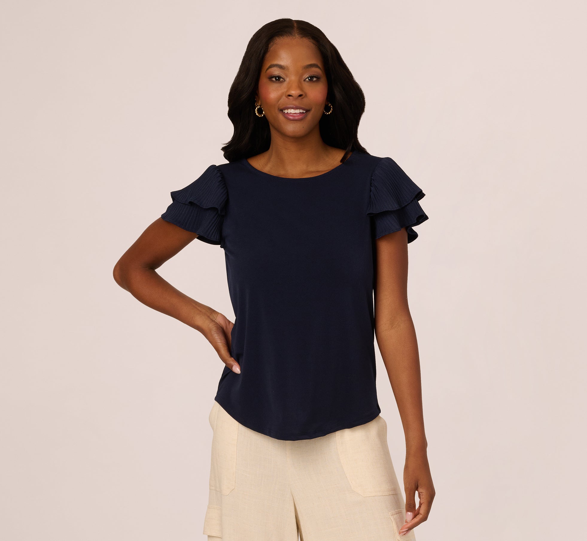 Double Flutter Sleeve Top With Pleated Details In Blue Moon、mySite、solidvoid