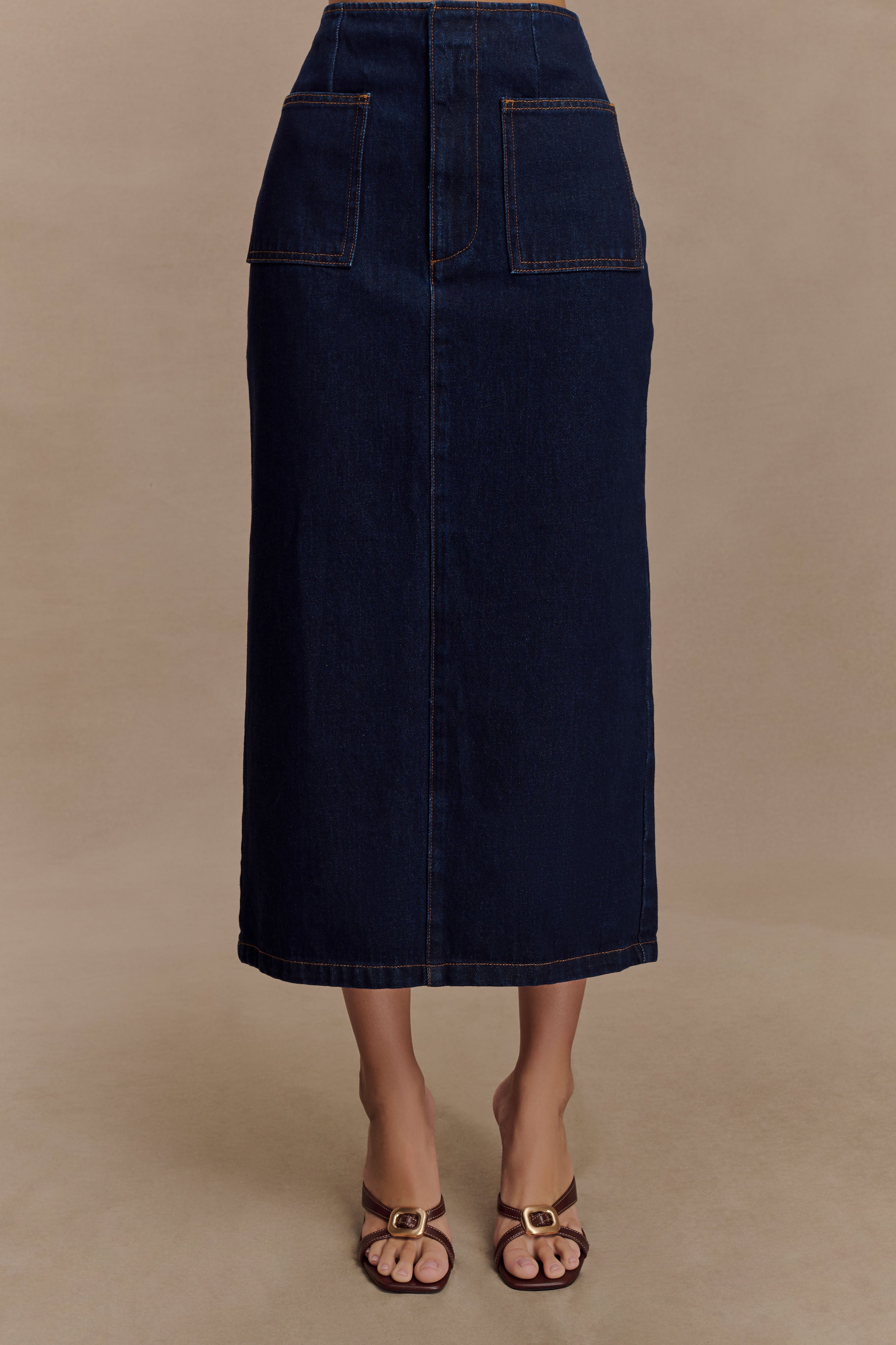 Fallon Denim Midi Skirt - Indigo Blue、mySite、solidvoid