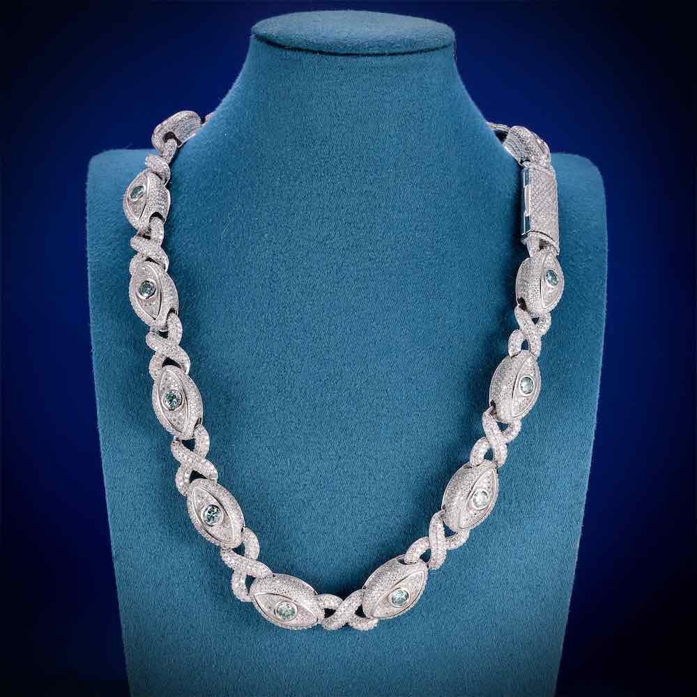 15MM Iced Out Blue Gemstone Evil Eye Eternity Chain 14K Gold、mySite、hinf8tx79