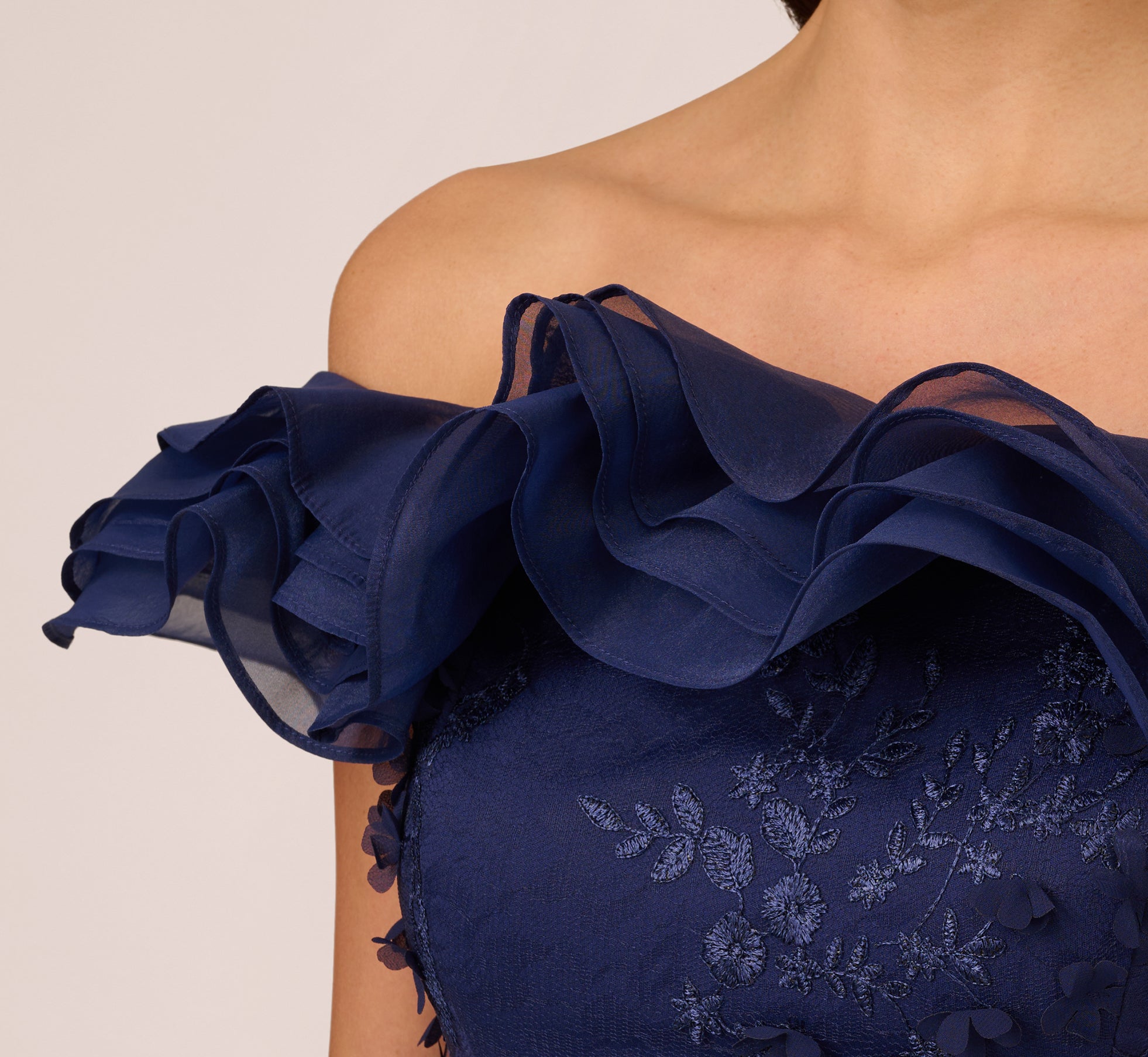 Ruffle Off The Shoulder Floral Lace Gown In Light Navy、mySite、solidvoid