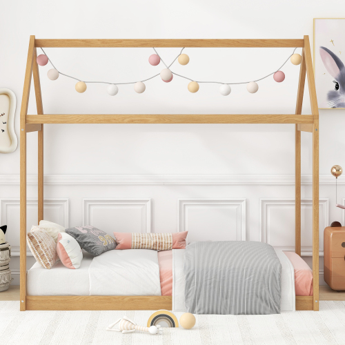 Twin Size Wooden House Bed, White、、casual