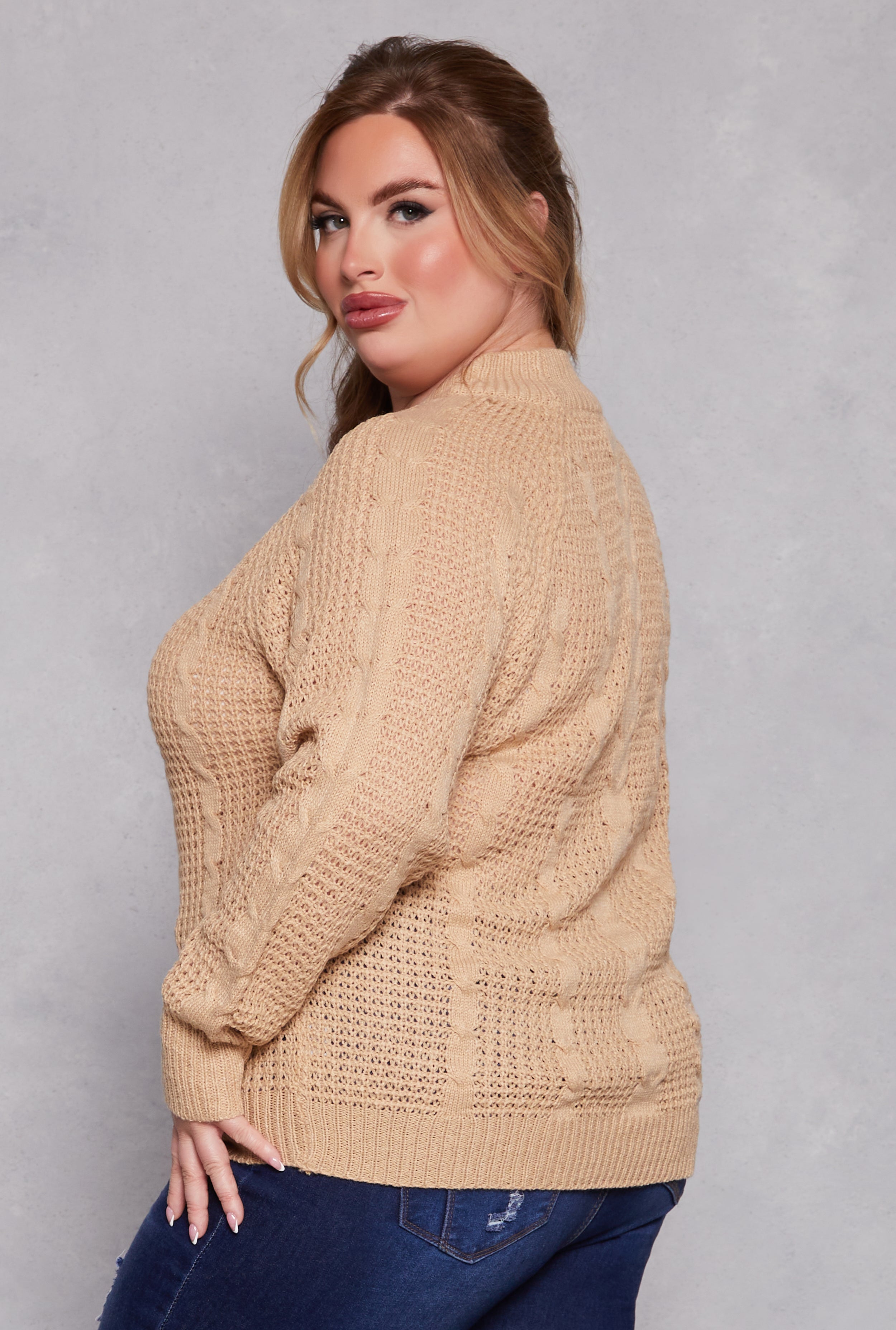 Plus Size Cable Knit Mock Neck Sweater、mySite、camillekostekn