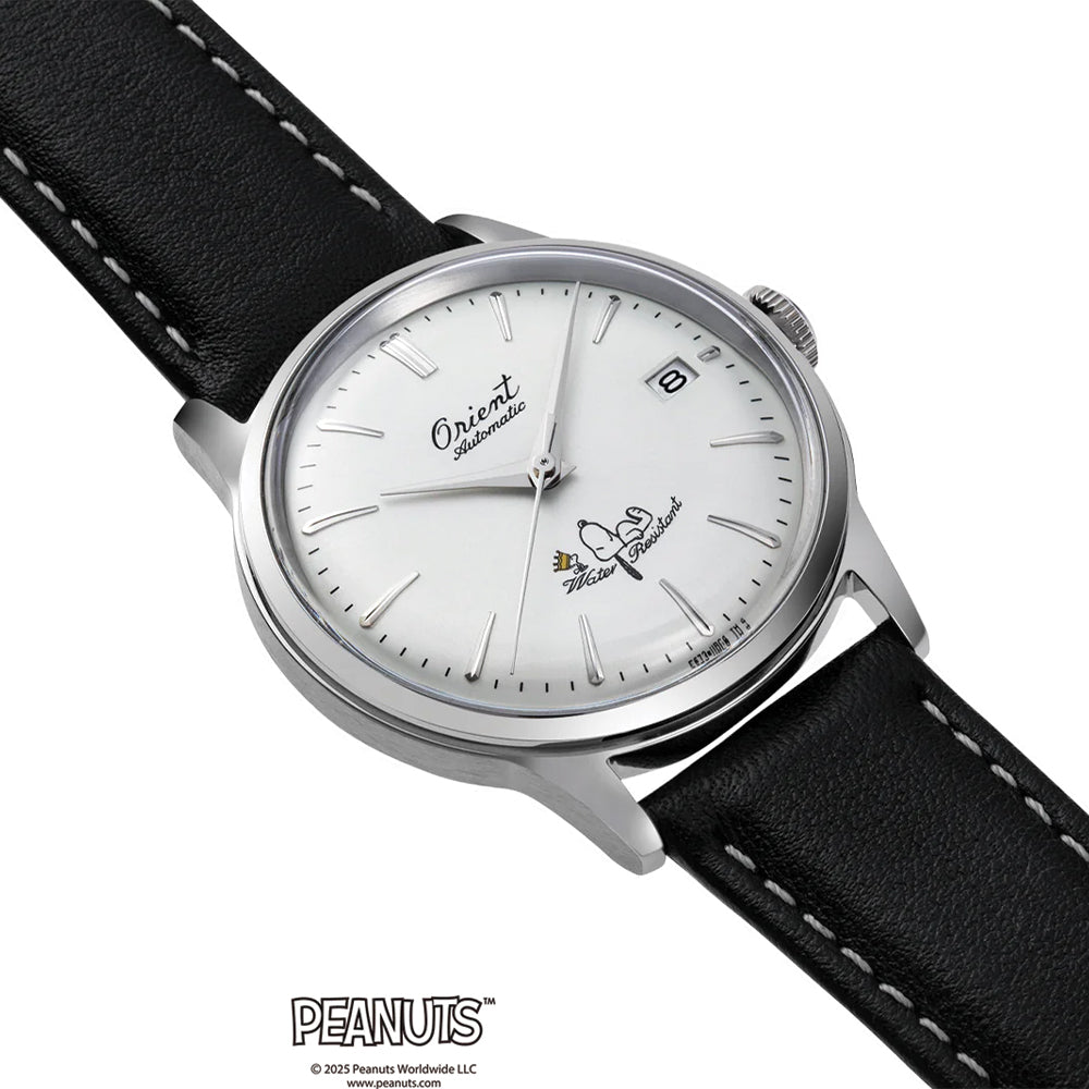  Orient Peanuts 75th Anniversary Limited Edition Bambino 38mm - White on Black Leather Strap