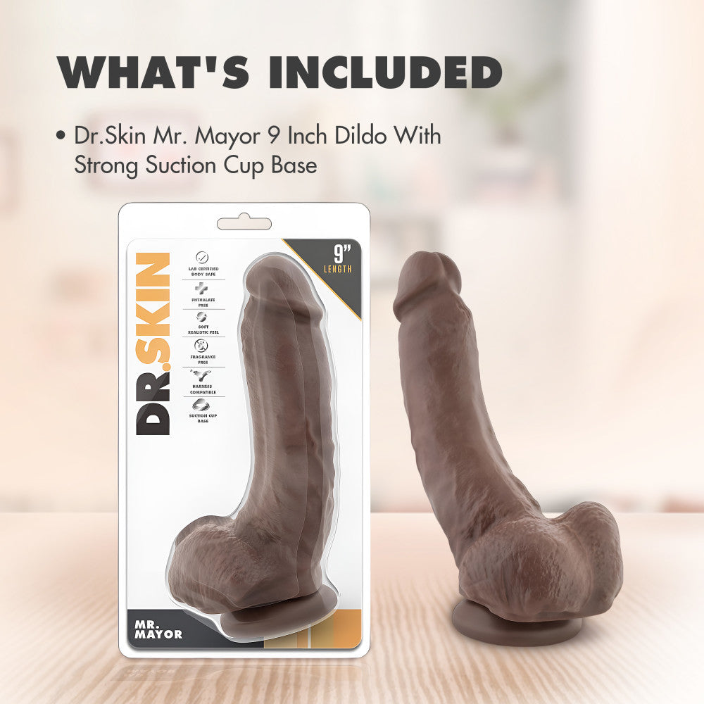 Dr. Skin By Blush® | Mr. Mayor Realistic Curved Chocolate 9-Inch Long Dildo With Balls & Suction Cup Base、mySite、bottomscart