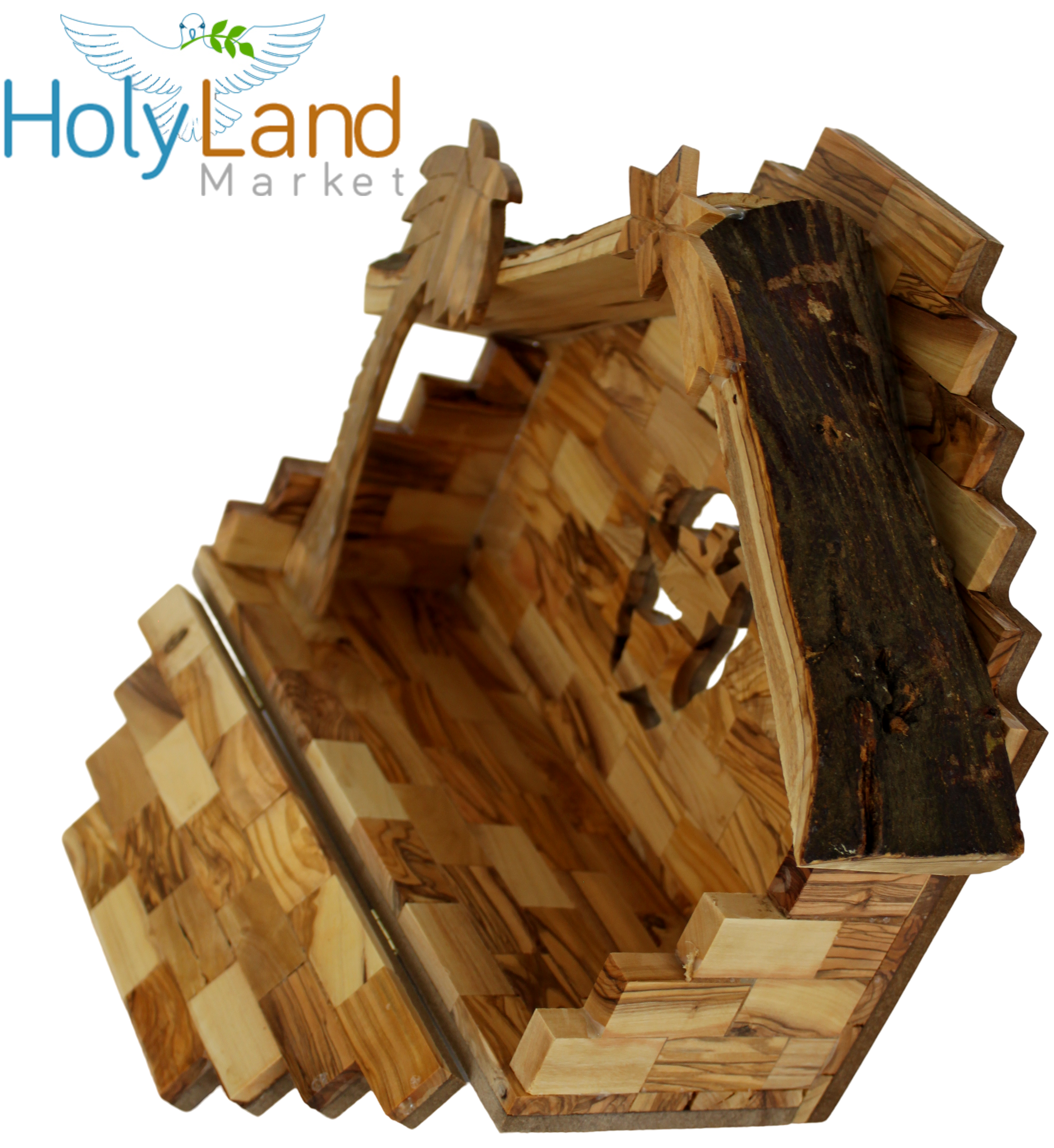Holy Land Market Traditional Olive Wood Nativity Set - Antique Style Bethlehem Stable, 12 Handmade Pieces - Christmas Decorations Indoor for Christmas Christians, Table Decor with Booklet、mySite、topwebapps