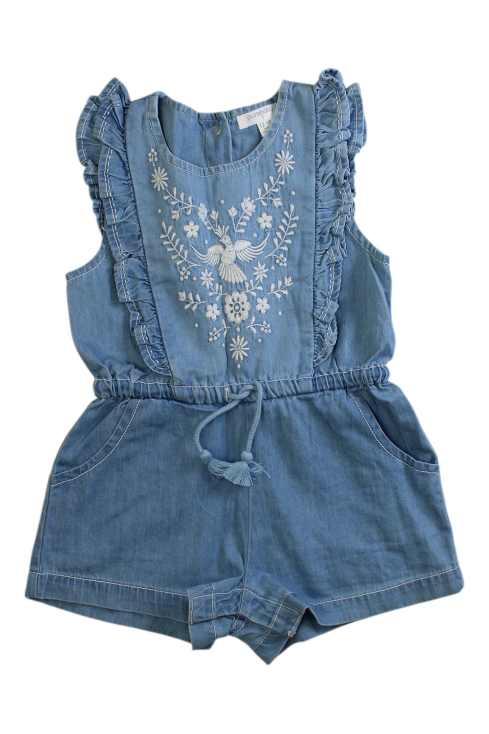 Purebaby Embroidered Denim Romper 12-18M、mySite、g9winljtr