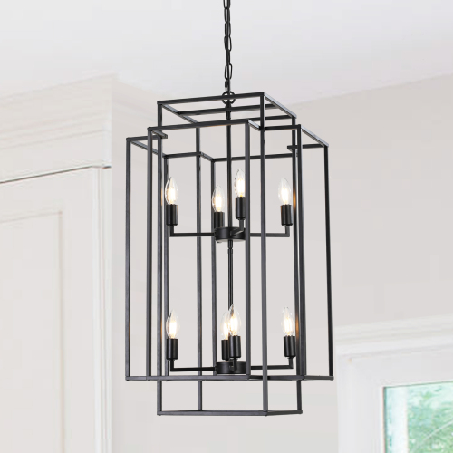 (Same as W1340142524/L1018-G) 18" Modern 8-Light Black Gold Geometric Pendant Chandelier, Industrial Metal Frame, Adjustable Hanging Light for Living Room, Dining Room, Kitchen (No Bulbs)、、eastwooduniform
