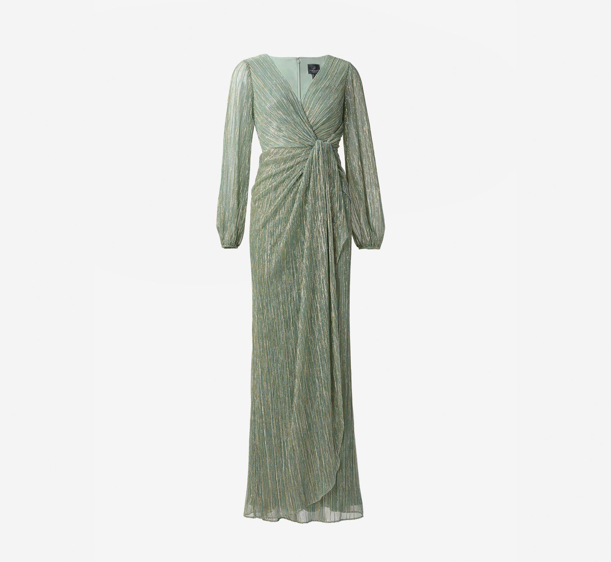 Metallic Crinkled Mesh Draped Long Gown In Green Slate、mySite、solidvoid