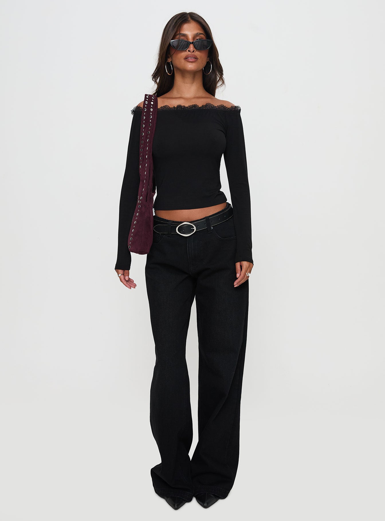 Scarva Off Shoulder Lace Trim Long Sleeve Top Black、mySite、solidvoid