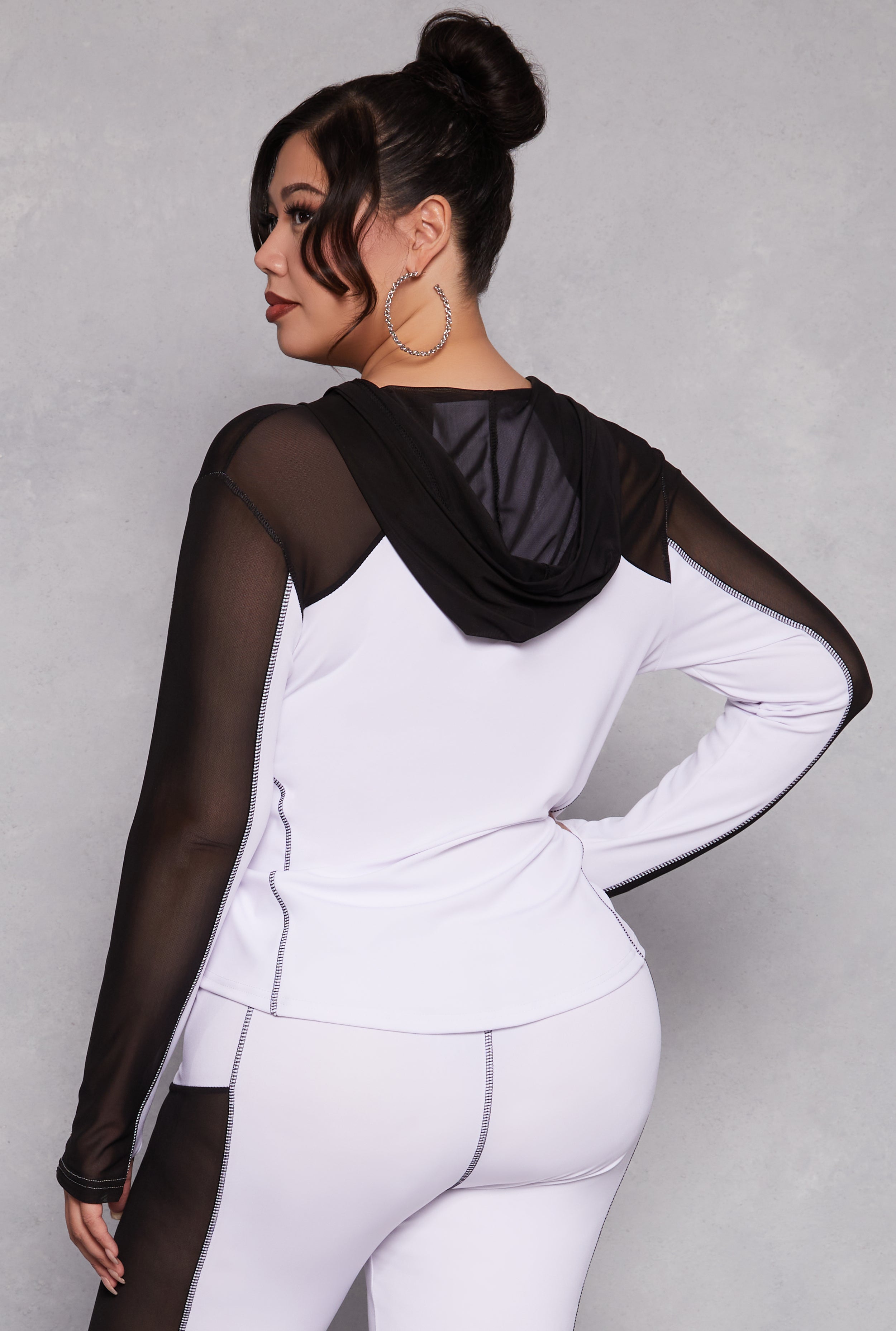 Plus Size Mesh Insert Hooded Active Top、mySite、camillekostekn