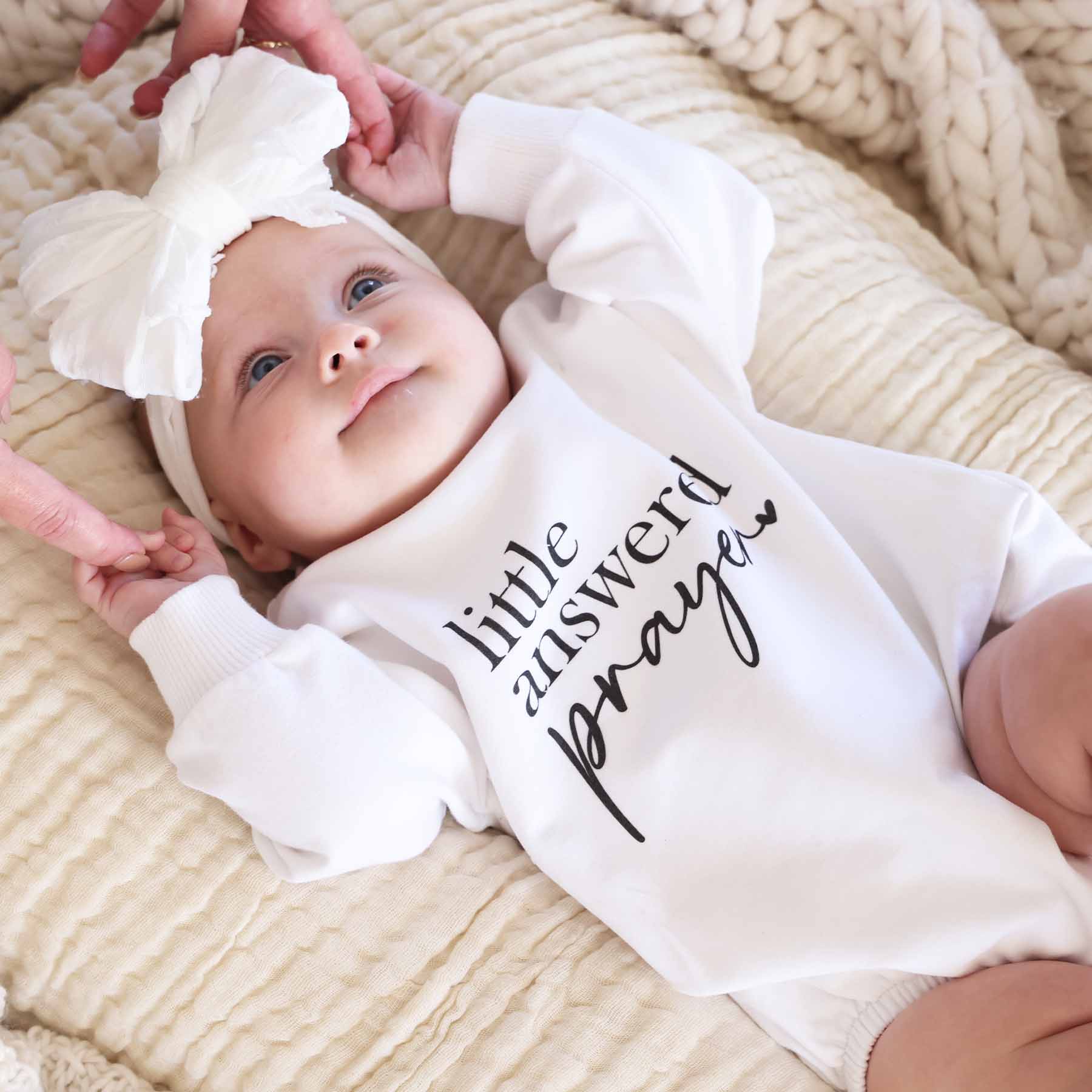  Little Answered Prayer Graphic Sweatshirt Bubble Romper | White、mySite、layawaytickets