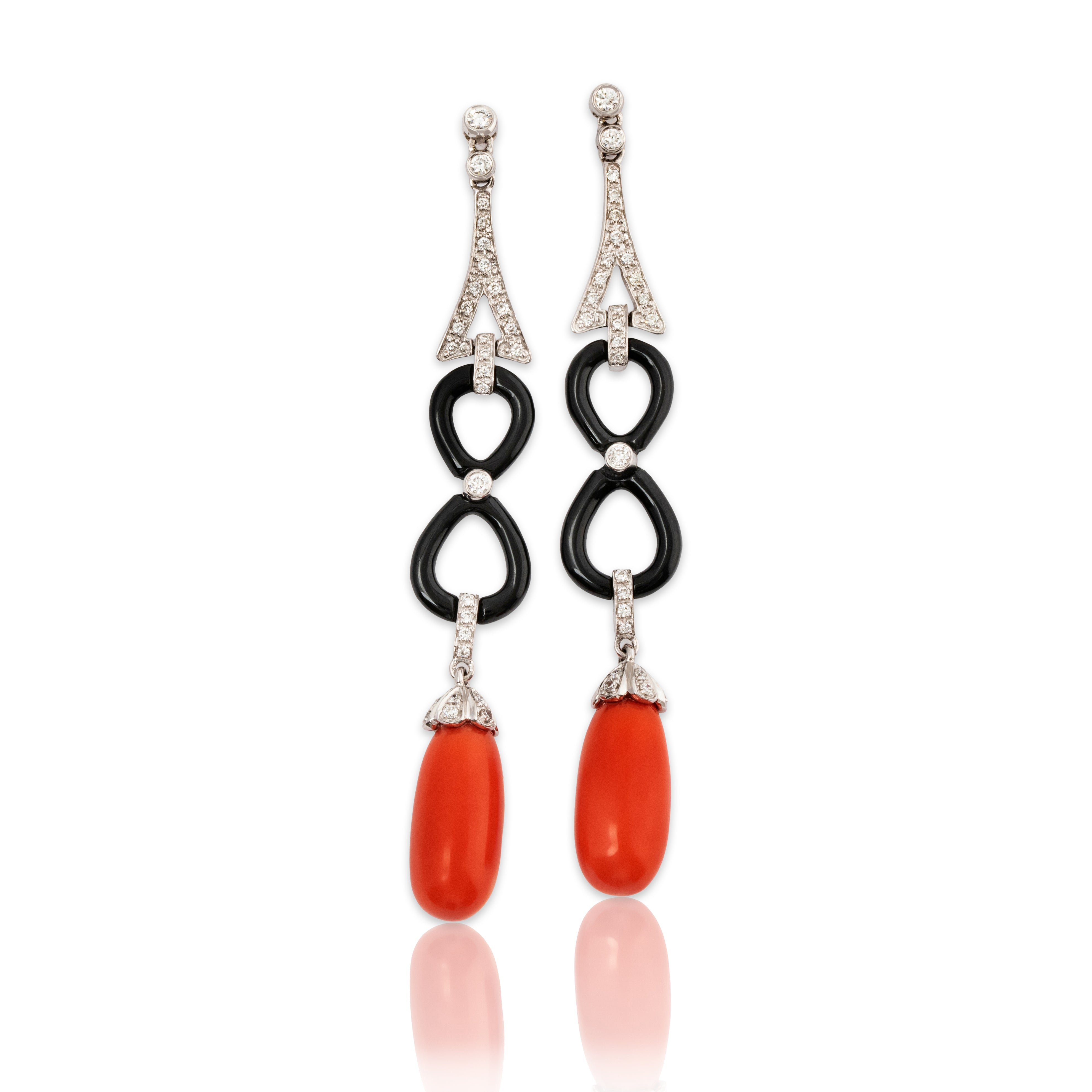 Abbott & Oaks 18k White Gold Coral Onyx Diamond Art Deco Style Dangle Earrings、mySite、hinf8tx79