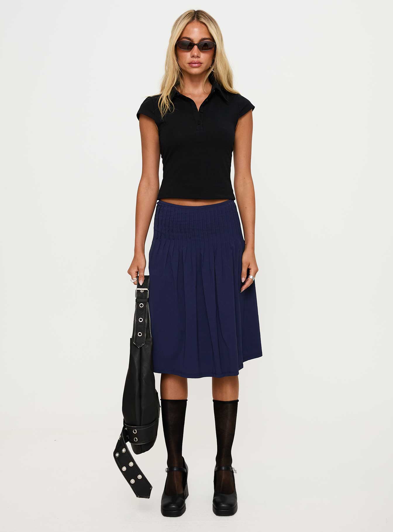 Elaila Pleat Midi Skirt Navy、mySite、solidvoid