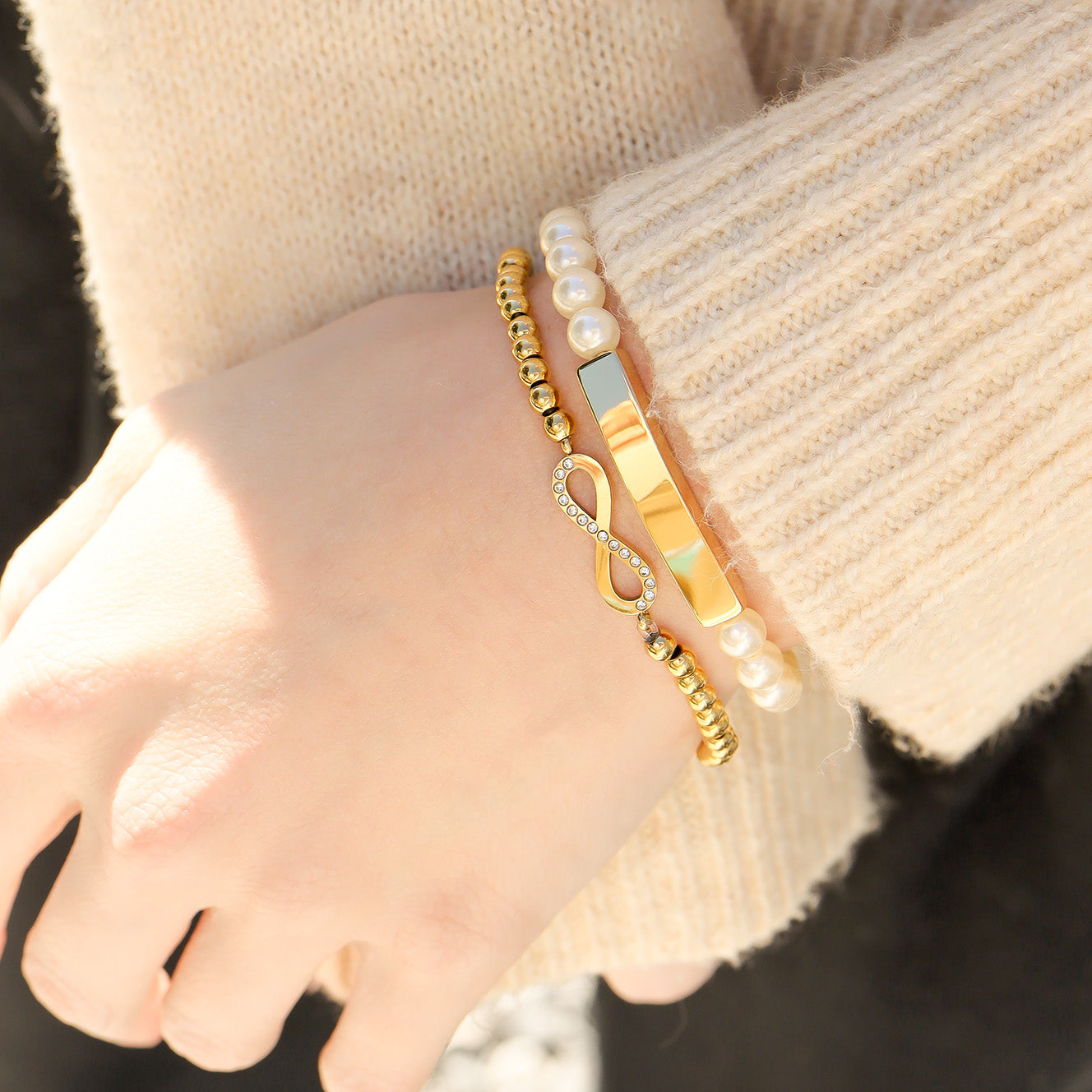 18K Gold PVD Stainless Steel Pearl Engravable Stretch Curved Bar Bracelet / SBB0321、mySite、dreamappss