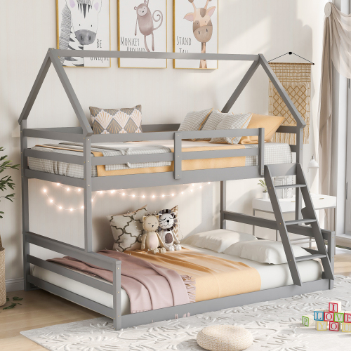 Twin Size Bunk House Bed with Slide and Ladder,White、、casual