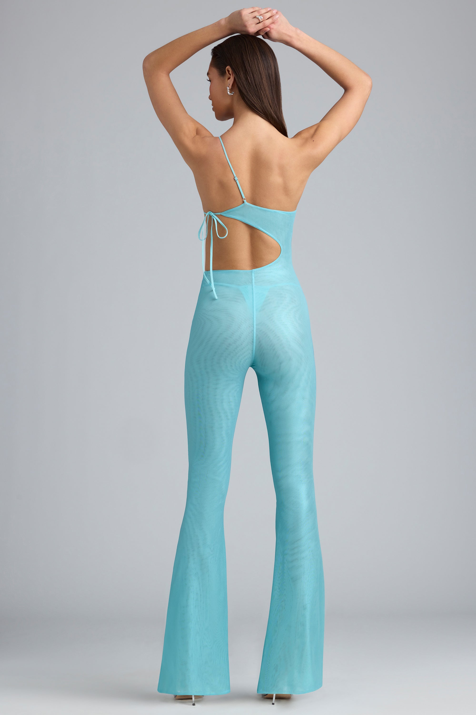 Metallic Ruched Cut-Out Flared Jumpsuit in Ice Blue、mySite、solidvoid