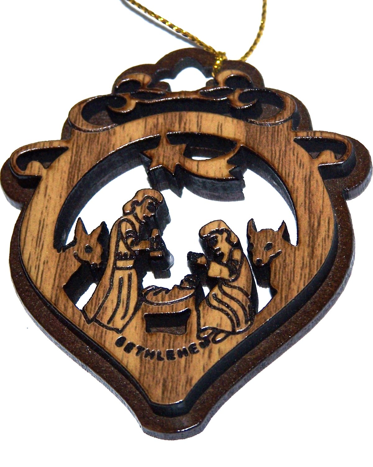 Two Layers Mahogany with Olive Wood Holy Family Nativity Scene Ornament Gift Carved by Laser - Olive Wood (7 cm or 2.8 inch with Certificate) and Gold String、mySite、topwebapps