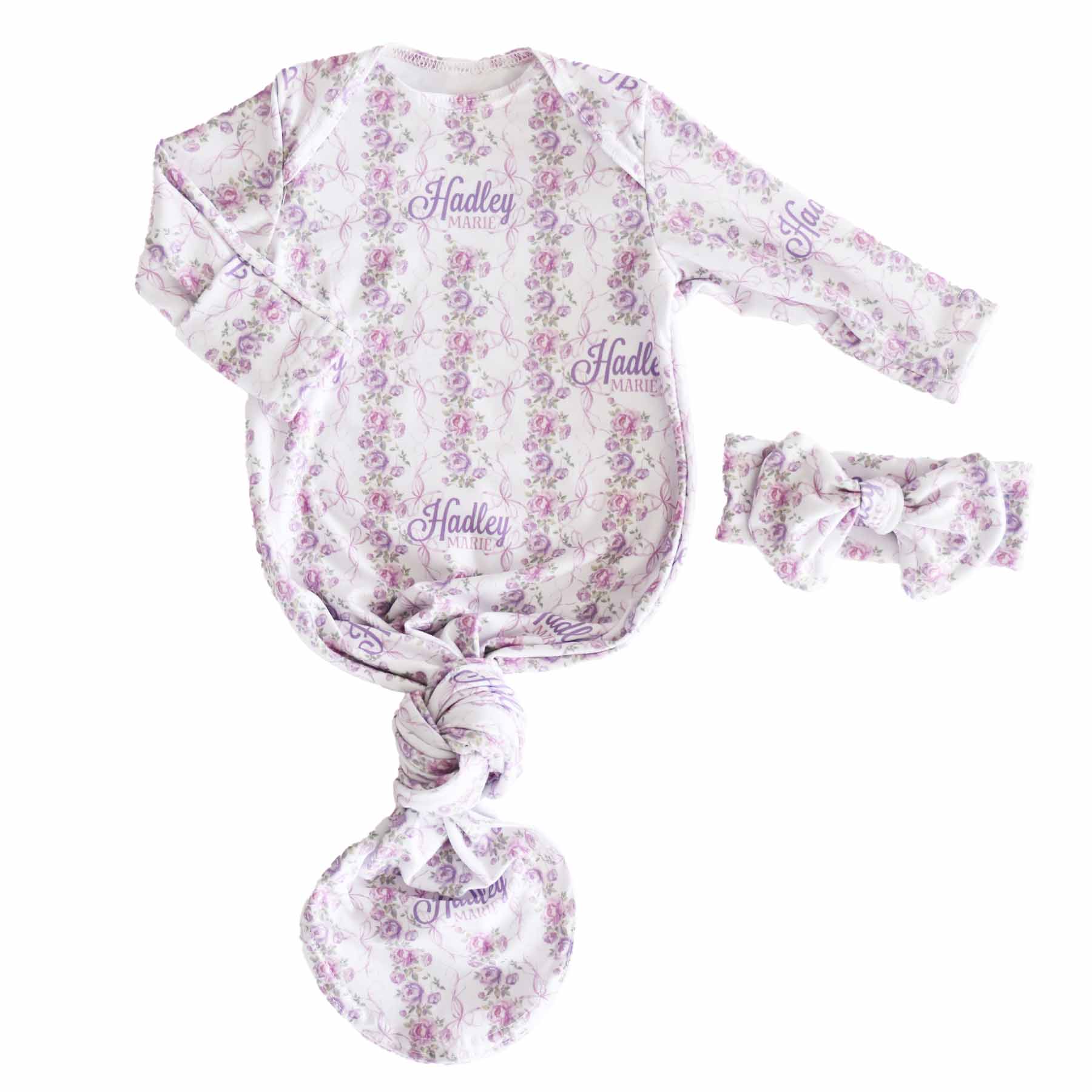 Violet Vines Personalized Newborn Baby Knot Gown、mySite、layawaytickets