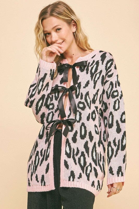 Davi & Dani Leopard Ribbon Tie Front Loose Fit Cardigan、mySite、camillekostekn