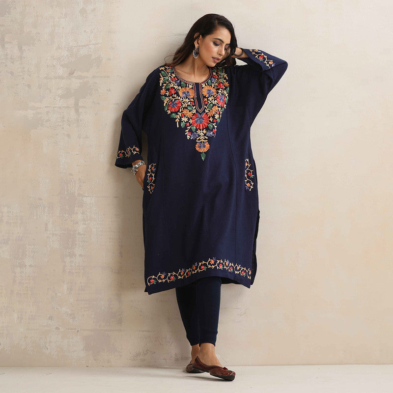 Woolen Kurta For Women | Floral Embroidered | Blue、mySite、camillekostekn